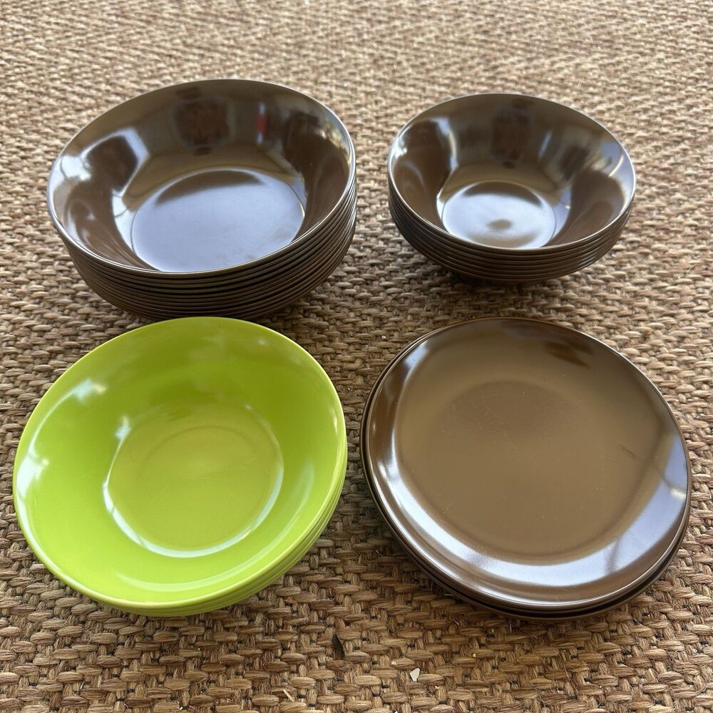 28 Piece Vtg MCM Texas Ware Melamine Dish Set Brown Avocado Green Bowls Plates